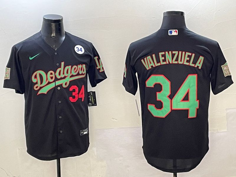 Men Los Angeles Dodgers #34 Valenzuela Black green Fashion 2025 Nike MLB Jersey style 3